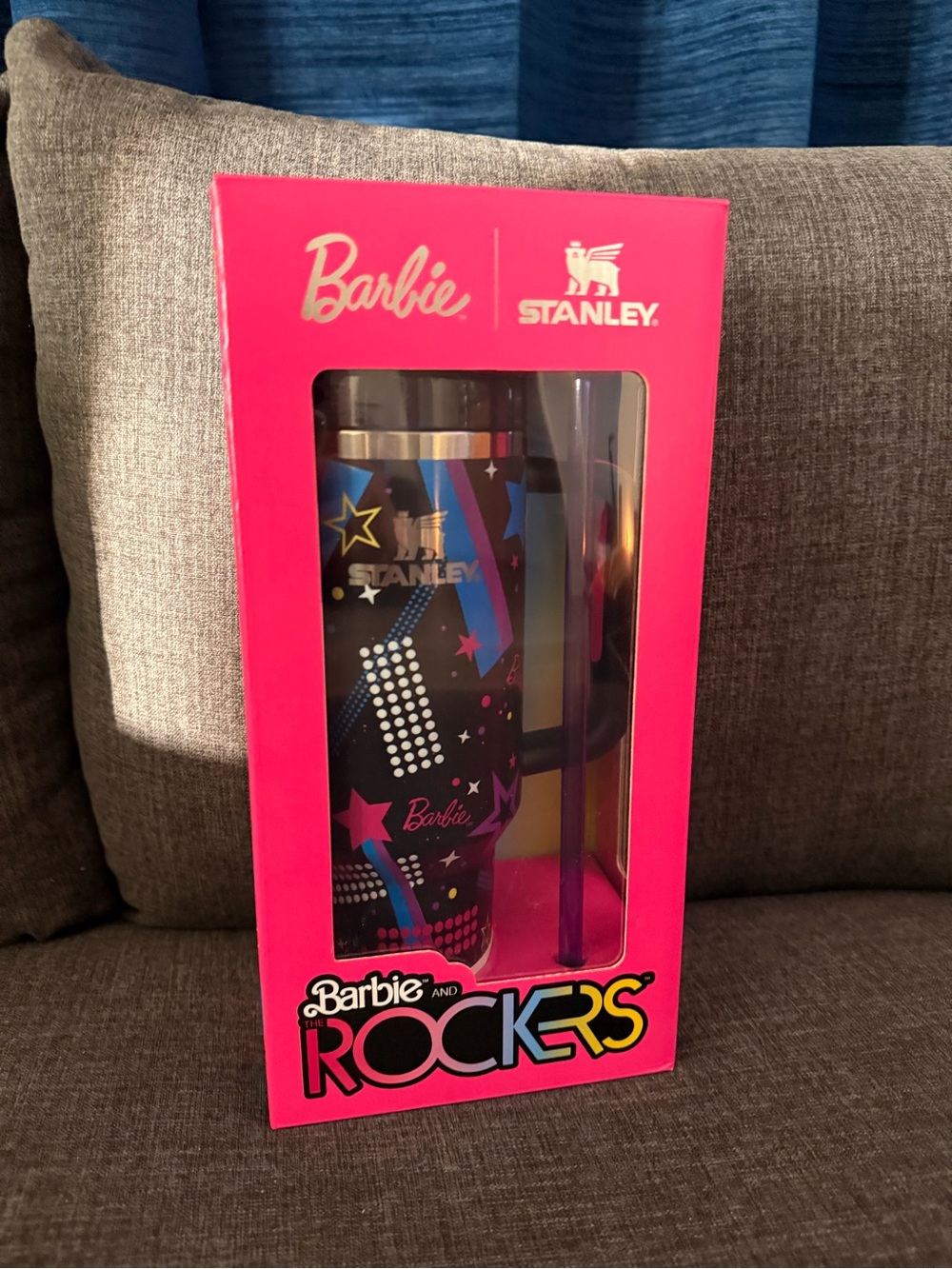 Stanley X Barbie Rockers Black Tumbler with Pink and Blue Star Graphics NIB